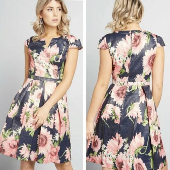 ModCloth Personal Boldness Metallic Jacquard Floral Fit & Flare Dress - Picture 1 of 5